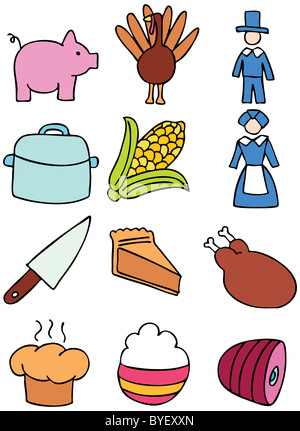 Set of 12 Thanksgiving Day icons - black and white Stock Photo - Alamy