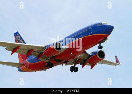 Southwest airlines Boeing 737 aircraft on final approach to the Boise Airport, Idaho, USA. Stock Photo