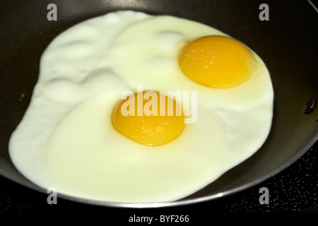 two eggs frying in a fry pan Stock Photo