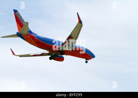 Southwest airlines Boeing 737 aircraft on final approach to the Boise Airport, Idaho, USA. Stock Photo