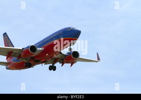 Southwest airlines Boeing 737 aircraft on final approach to the Boise Airport, Idaho, USA. Stock Photo