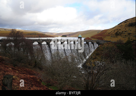 Craig Goch reservoir dam overflowing close up, Elan Valley, Wales Stock Photo