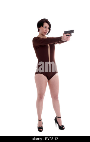 Young Welsh woman in a genuine 1960's body suit Stock Photo