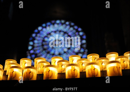 Candles burning in front of the North Rose Window, Notre Dame Cathedral, Paris, France Stock Photo