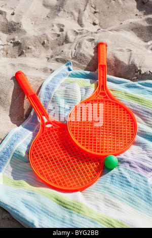 Beach tennis set on beach Stock Photo