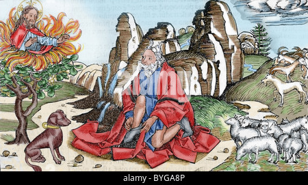 Moses and the burning bush. 16th century engraving. Colored. Stock Photo