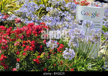 Sign at the Googleplex - the Google Mountain View corporate headquarters - showing the way to the Building 43 lobby Stock Photo