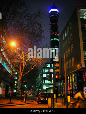 Streetscape at night with BT tower Post Office Tower, London Stock Photo