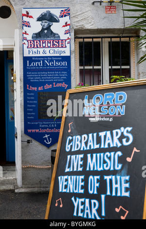 Pub black boards & menu of live music and fish chips food outdoor / outside The Lord Nelson Bar Brasserie restaurant. Gibraltar. Stock Photo