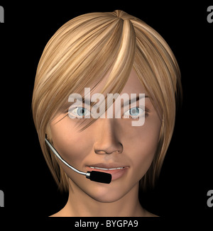 Smiling female operator with headset isolated on black background. 3d illustration. Stock Photo