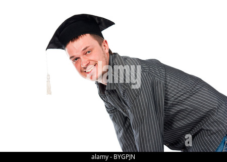 Happy young man in graduation cap isolated on white Stock Photo