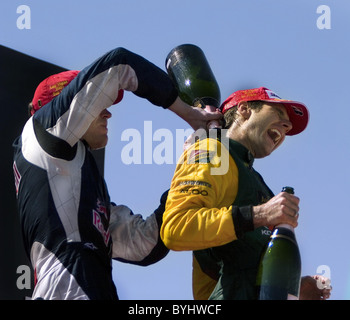 Robert Doornbos and Will Power celebrate Power winning the 2007 Las Vegas Grand Prix - The Champ Car World Series  Las Vegas, Stock Photo