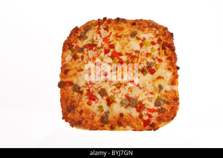 Cooked whole square pizza on on white background, cutout. Stock Photo