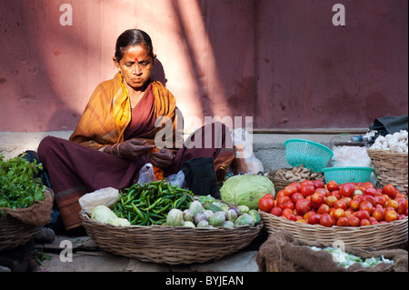 Indian woman selling vegetables at a local india market in the town of Puttaparthi. Andhra Pradesh, India Stock Photo