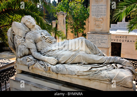 The "Sleeping Maiden", tombstone of Sofia Afentaki, classicist work by Giannoulis Chalepas, 1st cemetery of Athens, Greece Stock Photo