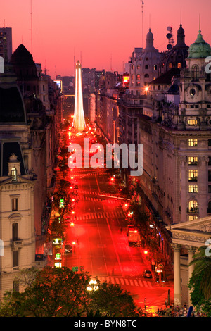 Roque Saenz Peña Ave., at dusk. Obelisk monument at background. Buenos Aires, Argentina. Stock Photo
