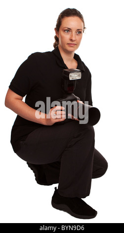 adult female with professional camera isolated against a white background Stock Photo