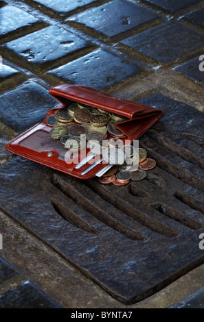 Purse of Money Falling down Drain Stock Photo