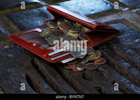 Purse of Money Falling down Drain Stock Photo