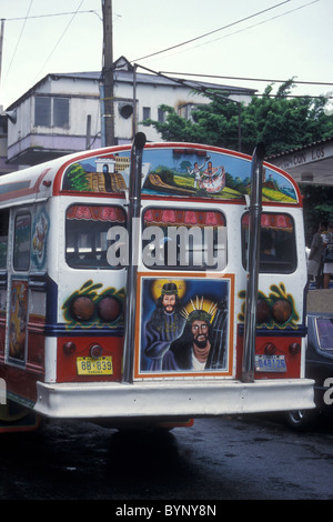 Brightly painted public bus or Diablo Rojo (Red Devil) in Panama City, Panama. Stock Photo