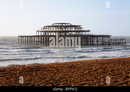 The coast and West Pier at Brighton, East Sussex, England
