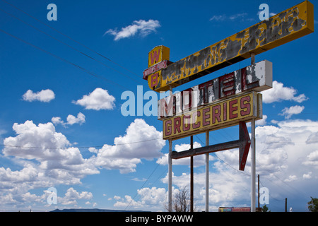USA, New Mexico, McCarty, Sun-bleached and decaying sign for Whiting Brothers Gas Station along Route 66 Stock Photo