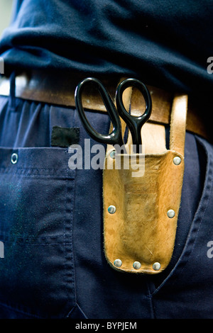 Scissors in pouch on tool belt Stock Photo
