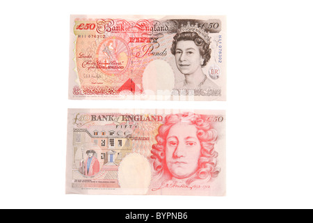 The front  and back of a fifty pound English bank note featuring Sir John Houblon. Stock Photo