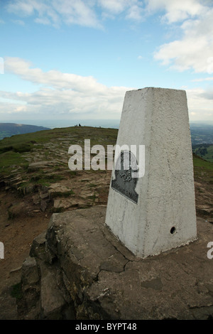 The triangulation point, or trig point or pillar, on top of The Sugar Loaf mountain (Welsh: Mynydd Pen-y-Fal or Y Fâl)  Abergavenny Monmouth Wales Stock Photo