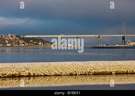 Very frosty Kessock Bridge near Inverness, from the Caledonian Canal at the Clachnaharry Sea Lock. Stock Photo