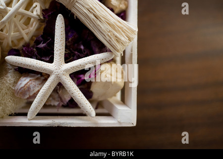 basket with starfish on table Stock Photo