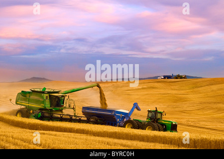 A John Deere combine harvests wheat just after sunset while unloading into a grain cart “on-the-go”/ Pullman, Washington, USA.