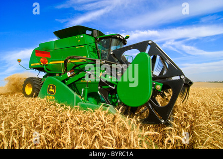 Agriculture - Close up of a John Deere combine harvesting wheat in the Palouse region / near Pullman, Washington, USA. Stock Photo
