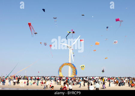 A view of Kite festival at Mandavi beach, Gujarat,India Stock Photo