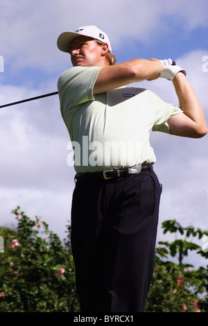 South African PGA golfer Ernie Els is teeing off during a practice round prior to The 2005 Sony Open In Hawaii. Stock Photo