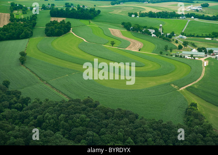 Aerial view of farmsteads and agricultural fields with coutour strips of grain corn and alfalfa in early Summer / Pennsylvania. Stock Photo