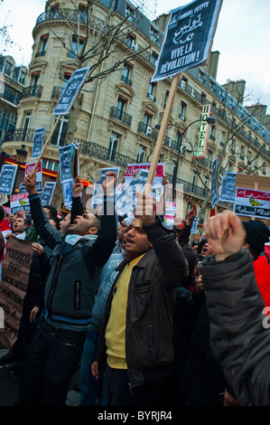 Paris, France, Crowd Marching Street, Egyptian Demonstrators Protesting Against Hosni Mubarak, Outside, 'Arab Spring' Movement Stock Photo