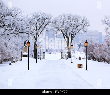 Lamp posts on a frosty winter day, grounds of St. Boniface Basilica, Winnipeg, Manitoba, Canada. Stock Photo