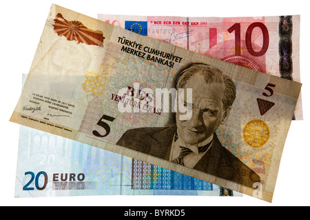 Turkish Lira with Euros Stock Photo
