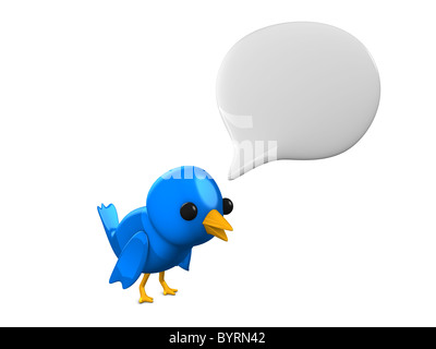 Conceptual famous blue bird shouting latest update, isolated on white background. Stock Photo