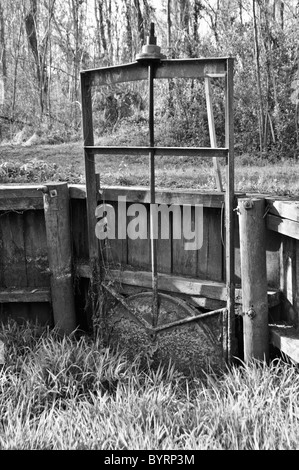 An old rustic irrigation control gate at Pettigrew State Park, North Carolina Stock Photo