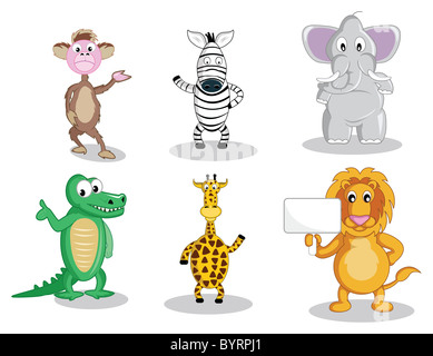 A monkey and a zebra waving their hand, a fat elephant, smiling intelligent gator, waving giraffe and a lion holding a sign Stock Photo