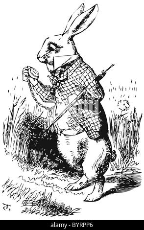 White Rabbit looking at it's watch in the Alice’s Adventures in Wonderland original illustrated book. Stock Photo