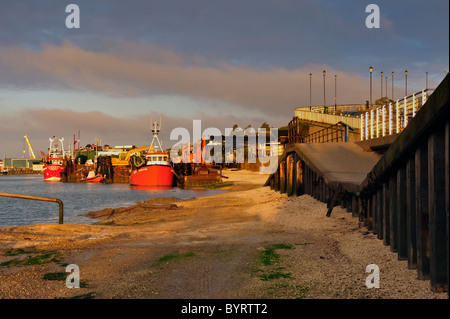 SOUTHEND-ON-SEA, ESSEX, UK - OCTOBER 16, 2010: Trawlers moored on the quay at Old Leigh Stock Photo