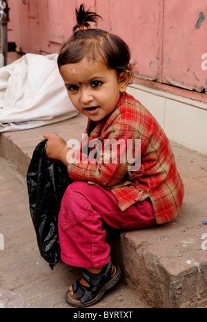 little nepalese girl with make up, peoples lives ( the nepalis ) , life in kathmandu , kathmandu street life , nepal Stock Photo