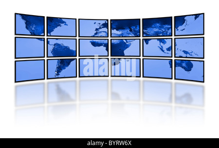 Flat LCD screens displaying the world earth map. Television technology. Stock Photo