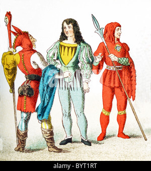 The figures represented here are Germans between A.D. 1450-1500. They are, from left to right: jester, knight, and bailiff. Stock Photo