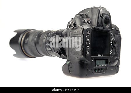 Rear view of a Nikon D3 digital camera with Nikkor 70-200mm 2.8 VR lens cutout on white background Stock Photo