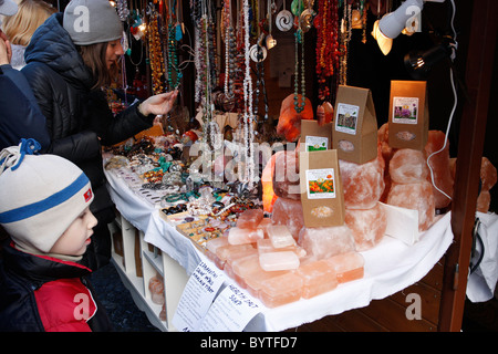 Specialty herbal handmade soaps for sale at a Christmas Market stall in Prague,Czech Republic. Stock Photo