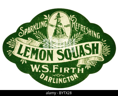 Old paper pop label  from W S Firth of Darlington for Lemon Squash. EDITORIAL ONLY Stock Photo